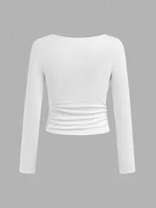 SHEIN Girlism 青少年女孩修身休闲简约舒适方领长袖T恤 - 白色 - 查看 2