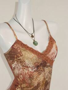 SHEIN ICON 女式休闲蕾丝边印花修身吊带背心 - 棕色 - 查看 5