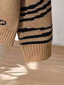 GlowEve Classic Popular Versatile Round Neck Colorblock Leopard Print Pattern Loose Comfortable Casual Long Sleeve Sweater, Unique Stylish Durable Design For Women, Autumn/Winter - Khaki - View 5