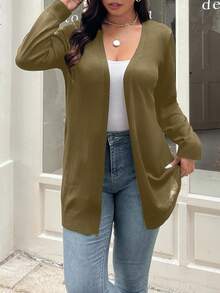 Vionelle 大码女式纯色长袖休闲开襟针织衫，秋季绿色开衫 - 橄欖綠 - 查看 5