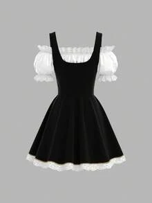 Sweetina 1 Set Shoulder Top And Spaghetti Strap Dress Suit, Suitable For Beer Festival Party, Includes Dress And Lining Shirt