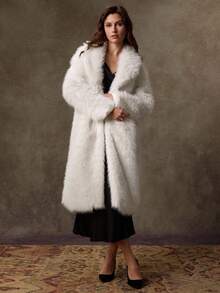 Lilora Abrigo largo de imitación de piel de mujer para otoño/invierno, con cuello de piel de zorro, chaqueta minimalista de alta moda