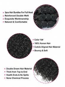 3 piezas de mechones de cabello humano virgen natural negro, rizado pixie, súper doble dibujado, alineado de cutícula, calidad 12a, de un solo donante, extremos completos - Natural Black - Ver 5
