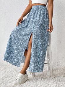 SHEIN PETITE CURVE Plus Size Women's Ditsy Floral High Split Skirt, Summer Women Summer For Vacation Country Concert Floral Print Maxi Skirt People Of Shorter Stature - Blue - View 6