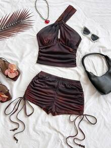 Soleia 女士时尚休闲渐变色背心和褶皱短裤两件套 - 棕色 - 查看 3