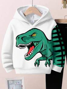 SHEIN 2 Stücke/Set Jungen lässige, lockere Cartoon-Tier, Dinosaurier, Landschaft, 3D, Graffiti Oversized Grafik Hoodie Sweatshirt Set, bequem für Herbst/Winter