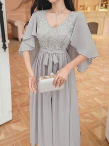 DAZY Chiffon Patchwork Cap Sleeve Belted Women's Mid-Length Dress Sundress - Blue - View 6
