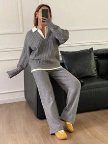 DAZY 女士休闲撞色针织毛衣和裤子两件套，秋季 - 灰色 - 查看 4