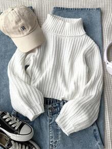 SHEIN Genkimix Kids Girls Turtleneck Lantern Sleeve Jumper - White - View 1