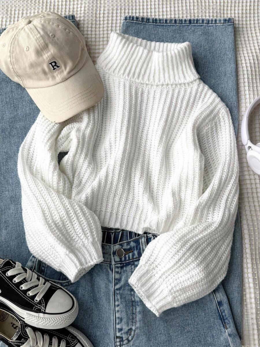 SHEIN Genkimix Kids Girls Turtleneck Lantern Sleeve Jumper - White - View 1