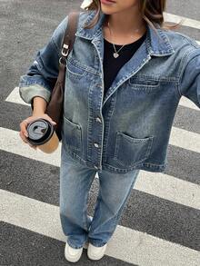 Livesso 女式宽松休闲破洞牛仔夹克和外套，秋冬 - 藍色 - 查看 6