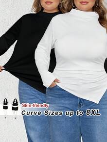 SHEIN CURVE+ Áo thun tay dài màu đen trắng cổ bẻ viền bất đối xứng 2 chiếc/bộ - Đen và trắng - Xem 11