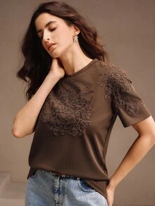 Anewsta Women's Elegant Modern Loose Round Neck T-Shirt Top With Embroidered Applique Design, Summer - Brown - View 4