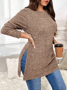 SHEIN Frenchy T-shirt à manches longues décontracté à col rond, manches raglan et côtes avec fente, taille grande - Marron - Voir 1