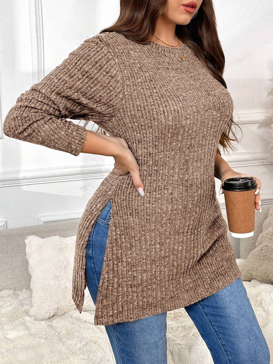 SHEIN Frenchy T-shirt à manches longues décontracté à col rond, manches raglan et côtes avec fente, taille grande - Marron - Voir 1