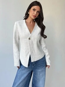 Firerie Women's Elegant White Tweed Short Jacket,Autumn Office V-Neck Metal Buckle Asymmetric Hem Long Sleeve Elegant Minimalist Commuter Urban Chic Casual - White - View 3