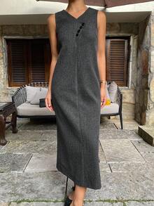 DAZY Women's Casual V-Neck Sleeveless Asymmetric Midi Dress, Solid Color, Autumn