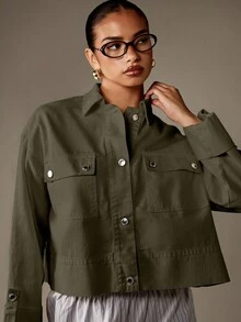 MISSGUIDED Áo khoác denim tiện dụng cỡ lớn bằng cotton, cài nút, cắt ngắn, cổ bẻ, có nút bấm kim loại, túi trước, tay bo gấu, trang phục thường ngày mùa thu đông - màu xanh lá - Xem 4