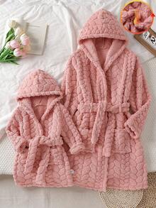 Girls' Pink Solid Color Cute Fluffy Long Sleeve Hooded Robe - Pink - View 3