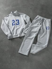 Manfinity Campus Court 男士休闲通勤学校运动风数字印花立领半拉链套头卫衣和抽绳腰运动裤套装，秋冬款 - 淺灰色 - 查看 7