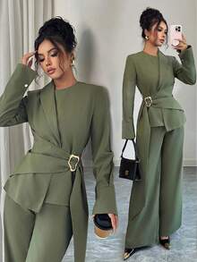 Elenzga Bộ 2 món áo và quần dài tay dài thời trang đơn giản, nhiều màu sắc, thoải mái dành cho nữ - xanh quân đội - Xem 1