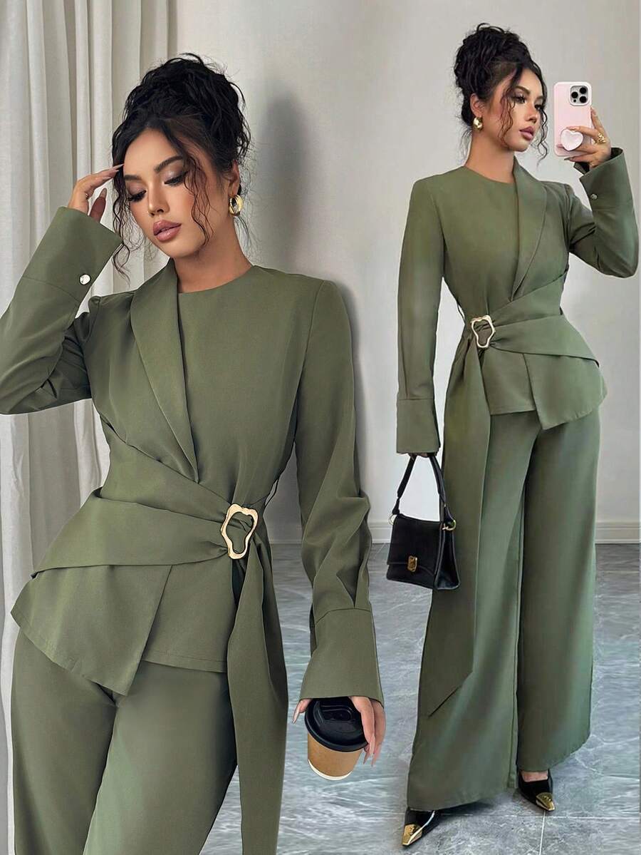 Elenzga Bộ 2 món áo và quần dài tay dài thời trang đơn giản, nhiều màu sắc, thoải mái dành cho nữ - xanh quân đội - Xem 1