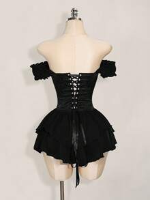 SHEIN ICON Women's White Ruched Jacquard Waist Tie Splice Ruffle Trim Off Shoulder Layered Ruffle Hem A-Line Chiffon Mini Dress, Elegant For Party & Casual,Party Dresses For Women - Black - View 2