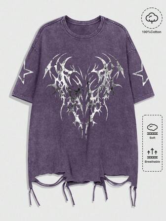 Grunge Punk Camiseta de manga corta con cuello redondo, estilo vintage y punk, con lavado ácido desgastado para hombres