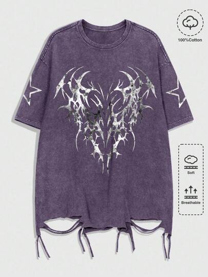 Grunge Punk T-shirt à manches courtes col rond vintage délavé à l'acide pour homme