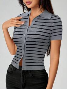 SHEIN PETITE Áo len cài nút kẻ sọc cổ tròn dành cho nữ - Nhiều màu - Xem 5