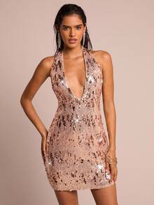 Glamine Women's Sequin Halter Backless Mini Dress, Fashionable Party Wear Rose Gold Dress Sequin Dresses Sequence Dress Vegas Dress