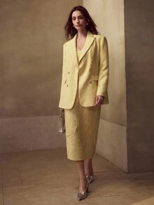 MOTF PREMIUM 秋季粗花呢撞色亮片刺绣西装外套 - 黃色 - 查看 1