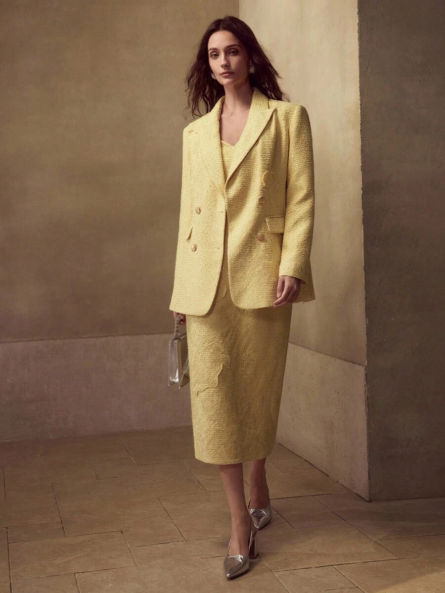 MOTF PREMIUM 秋季粗花呢撞色亮片刺绣西装外套 - 黃色 - 查看 1