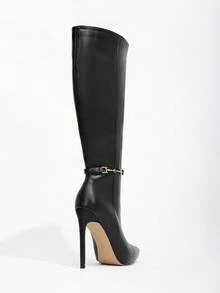 CUCCOO SZL 性感时尚金属扣装饰尖头12厘米细高跟休闲百搭侧拉链过膝长靴，适合春季、春假、复活节和圣诞节穿着。 - 黑色 - 查看 2