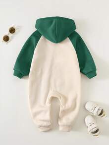 SHEIN Newborn Baby Unisex Cute Patchwork Knitted Bear Pattern Thickened Hooded Jumpsuit, Autumn/Winter Fall - Dark Green - View 2
