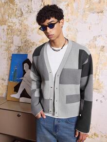 SWAVVY Men's Autumn Casual Collegiate Style Patchwork Pattern V-Neck Button-Up Cardigan, For Fall Winter - Grey - View 1