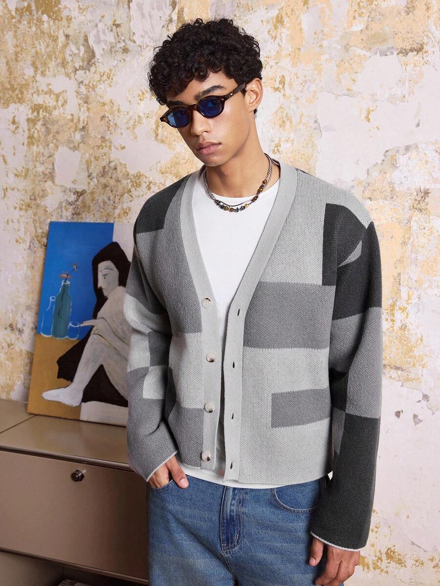 SWAVVY Men's Autumn Casual Collegiate Style Patchwork Pattern V-Neck Button-Up Cardigan, For Fall Winter - Grey - View 1