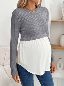 SHEIN Maternity Ribbed Crew Neck Casual Patchwork Long Sleeve T-Shirt Long Sleeve Top Maternity Tops Grey Top Pregnancy Clothes Maternity Clothes Fall Winter