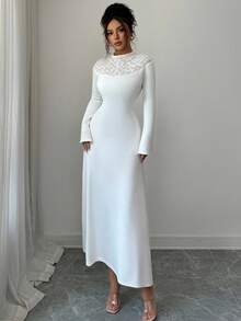 Modelyn Elegant Lace Patchwork Dress, French Style Fashion For Women