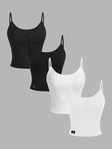 SHEIN EZwear 4 件套女士休闲紧身字母刺绣图案短款背心套装，百搭、舒适、时尚，适合夏季 - 彩色 - 查看 16