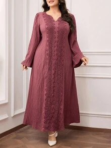 Al Najma 大码女式 V 领贴花装饰喇叭袖优雅阿拉伯风格长裙 - 淺灰紫 - 查看 4
