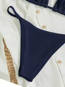Oceva 2026 春夏女士度假专用面料细肩带露背海军蓝性感丁字裤比基尼两件套泳衣 - 藏蓝色 - 查看 5