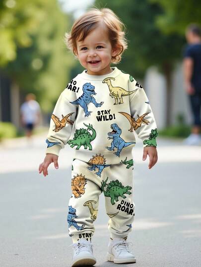 SHEIN Baby Boy Casual Soft Comfortable Cute Cartoon Animal Dinosaur Tie-Dye Y2K Loose Crew Neck Knit Soft Outfit, Suitable For Autumn/Winter Fall