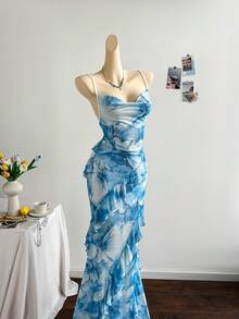 Soleia Plus Size Women Colorful Vintage Floral Print Draped Neck Layered Ruffle Hem Maxi Dress For Vacation