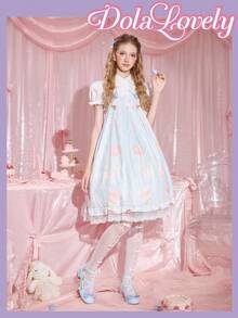 Dola Lovely 女士蝴蝶结玛丽珍鞋，圆头扣带粗跟浅口鞋，时尚百搭白色鞋子 - 淺藍色 - 查看 2