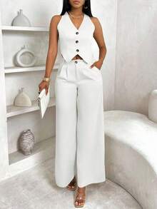 BamGleam Bộ 2 món áo vest đơn hàng khuy và quần ống rộng dáng rộng thoải mái dành cho nữ - trắng - Xem 4