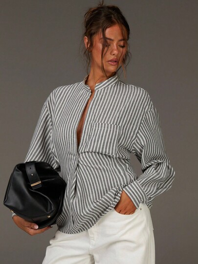 Athîral Women's Gray & White Vertical Stripe Stand Collar Shirt | Dropped Shoulder Design With Waist-Defining Cut For A Contoured Office-To-Event Look (Interview/Campus/Date)Vertical Stripe ,StandCollar,Tailored Shirt ,Office Chic,Fall Outfits For Women,Winter Clothes For Women,