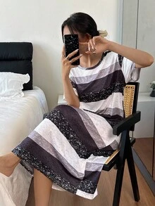 SHEIN Áo ngủ nữ tay ngắn kẻ sọc, cổ tròn, kiểu dáng mùa hè, kiểu váy ngủ Moo Moo. - Đen và trắng - Xem 4