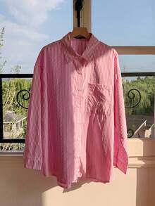 SHEIN Tall CURVE Plus Size Casual & Commuting Stripe Drop Shoulder Long Sleeve Shirt,Business Casual Woman - Pink - View 3