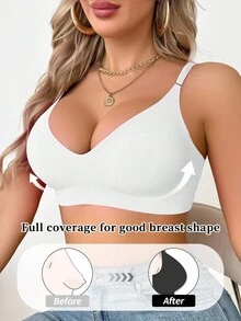 Set de 3 sujetadores inalámbricos sin costuras para mujeres, con relleno, cuello en V, de unicolor y diseño minimalista, cómodos - Multicolor - Ver 4